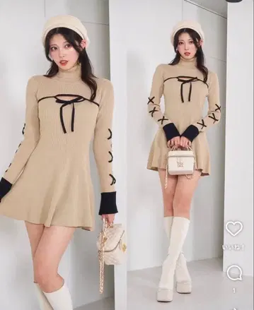 다리치 베이지 리본 포함 터틀넥 미니 원피스