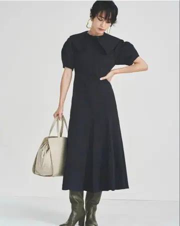 mila owen 카라 부착 구조 슬리브 플레어 원피스 네이비