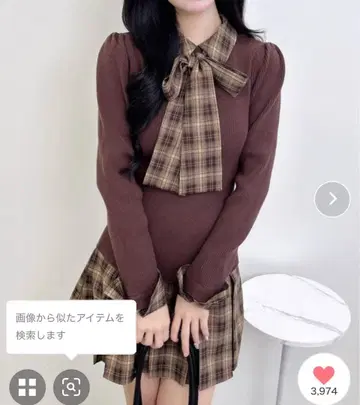 체크 무늬 보타이 셔츠 도킹 니트 원피스 INGNI