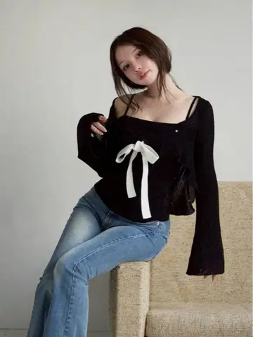 andmary Emma 니트 플레어 가디건 세트 블랙