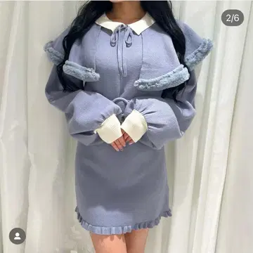 bubbles 퍼 케이프 니트 원피스 블루 원피스 긴팔