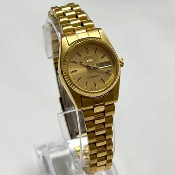 새상품급 작동 SEIKO 5 여성용 손목시계 자동 와인딩 골드 데이데이트