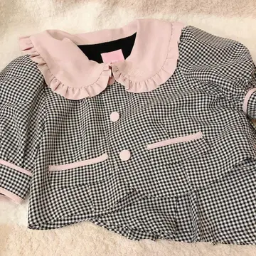 허니시나몬 소매 리본 배색 셋업 깅엄 블랙