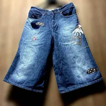 츠모리치사토. 자수 데님 팬츠 와이드 레그