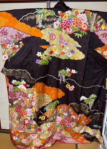 블랙 숯빛 길상 꽃무늬 후리소데 기장 165