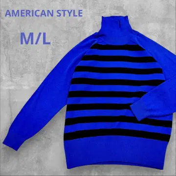 아메리칸 스타일 니트 터틀넥 긴팔 파랑 블랙 보더 M L 상당