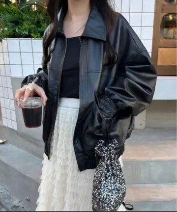 nemne store 인조 가죽 더블 지퍼 스탠드 블루종