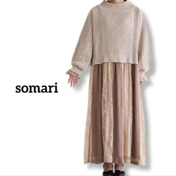 [ 새상품 ] somari 니트 레이스 롱 원피스 핑크 베이지