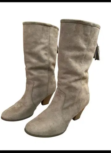 새상품급 슬림 레그 여성용 그레이 태슬 스웨이드 롱 부츠 중간 힐