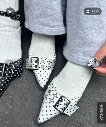 벨트 스트랩 뮬 펌프스 화이트 도트