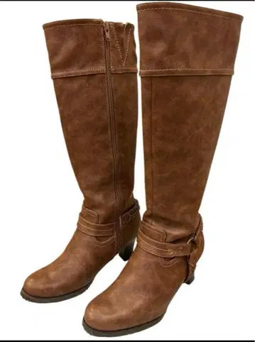 거의 미사용 슬림 레그 브라운 가죽 롱 부츠 중간 힐 L 사이즈