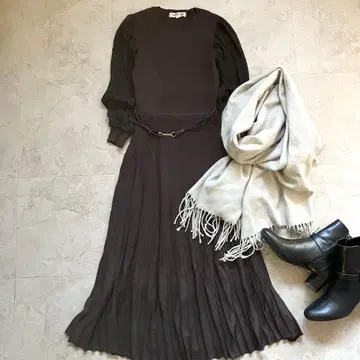 Apuweiser-riche 벨트 부착 소매 개더 니트 원피스 브라운 M