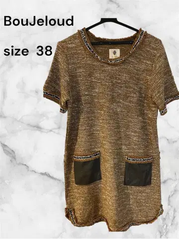 Bou Jeloud 트위드 원피스 테이프 얀 가죽 포켓