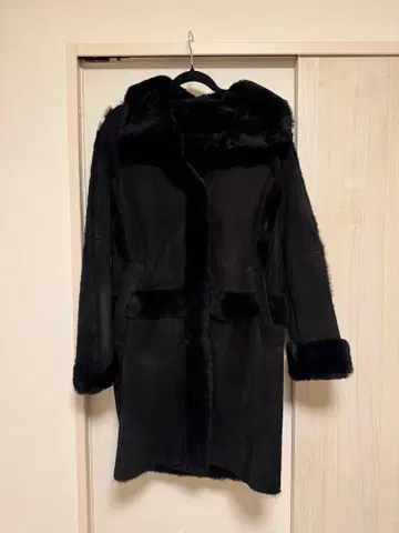 무스탕 코트 롱 코트 블랙 천연 가죽 여성용