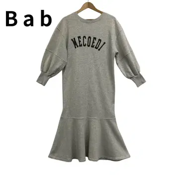 바브 그레이 긴팔 원피스 프릴 프린트 퍼프 소매 여성용 M