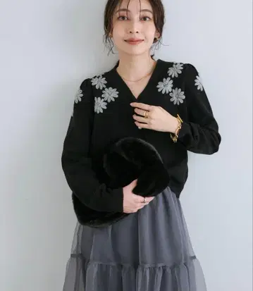 La boutique BonBon 꽃 자수 크롭 가디건