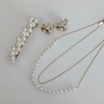 화이트 펄 목걸이 귀걸이 헤어 클립 3종 세트