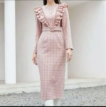 깅엄 체크 트위드 롱 원피스 핑크 양산형 빅 사이즈