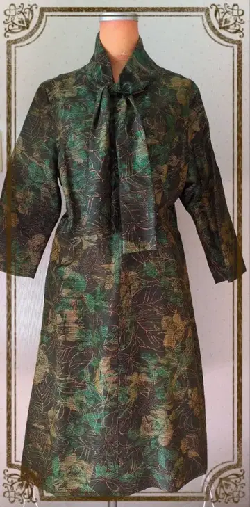 기모노 리메이크 시부카키 염색 잎 패턴 리본 타이 포함 7부 소매 원피스