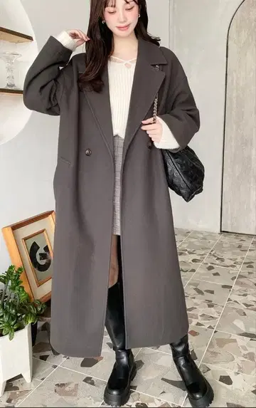 moment+ 니트 멜톤 사이드 슬릿 롱 체스터 코트 차콜