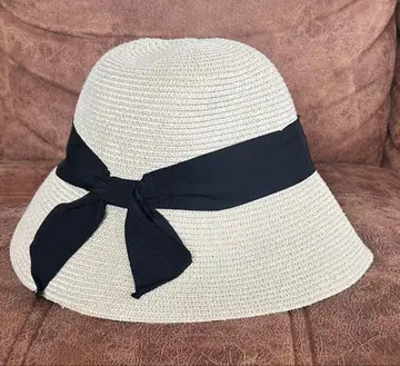 베이지 밀짚모자 블랙 리본 약 30cm