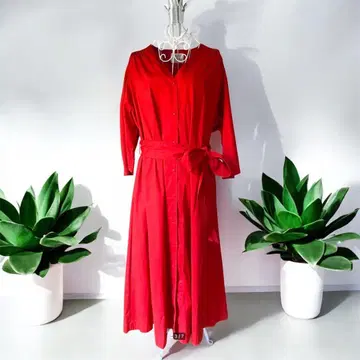 메종 드 리 7분 소매 오버사이즈 벨티드 드레스 빨간색