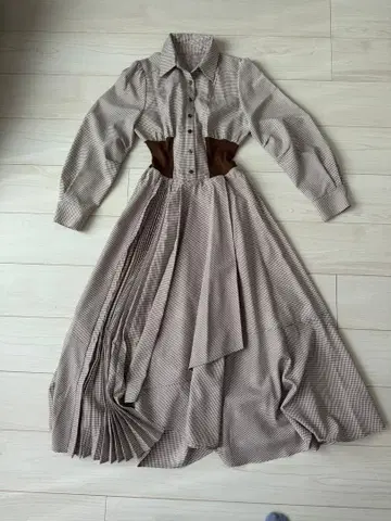 브라운 체크 롱 셔츠 드레스