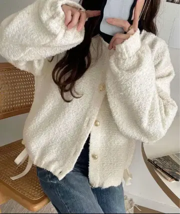 클래식 엘프 사이드 리본 전후 2way 부클 소재 가디건