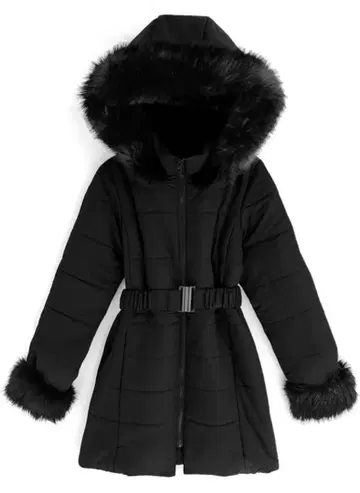 벨트 포함 퍼 다운 코트 kd13 후드 부착 블랙 다운 자켓