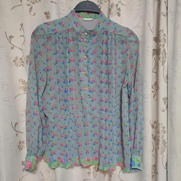 쇼와 레트로 꽃무늬 긴팔 블라우스 블루 계열