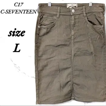 씨 세븐틴 무릎 기장 타이트 스커트 L 카키 데님 자수 포켓
