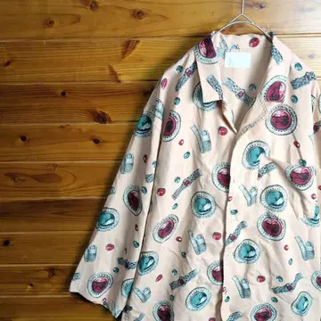 긴팔 셔츠 패턴 셔츠 레트로 빈티지 개성파 아트 패턴 베이지 핑크