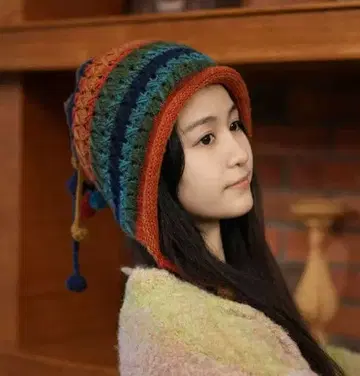 컬러풀 스트라이프 니트 모자 폼폼 포함