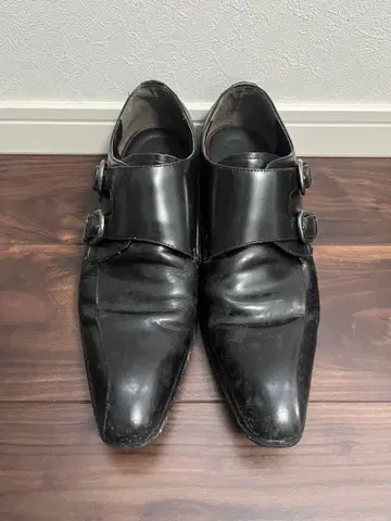 블랙 가죽 더블 몽크 스트랩 신발