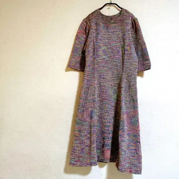 핸드메이드 일점물 손뜨개질 핸드 니트 반팔 플레어 원피스 쇼와 레트로