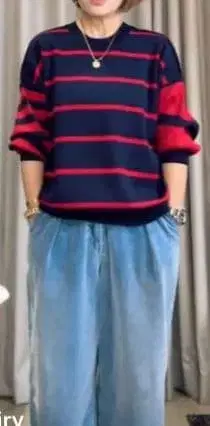 데미테고리에 스트라이프 니트 스웨터 레드 & 네이비