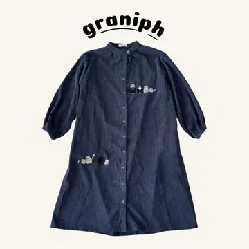 graniph 고양이 자수 코듀로이 셔츠 원피스 네이비 프리 사이즈