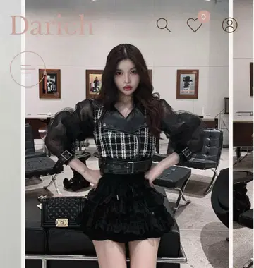 체크 무늬 가죽 쉬폰 자켓