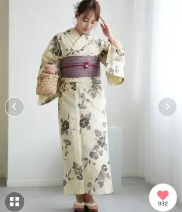 미사용 새상품 유카타 아이보리 원단에 나팔꽃 헤코오비 일본 나막신