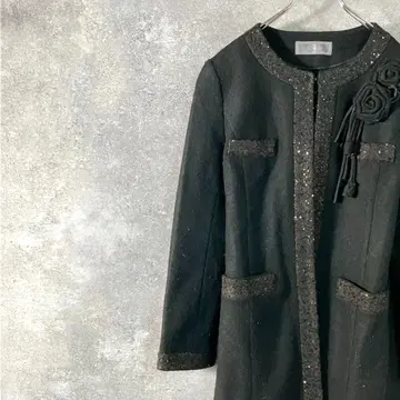 긴자 매기 노카라 자켓 미들 기장 긴팔 블랙 무지 비즈 장미