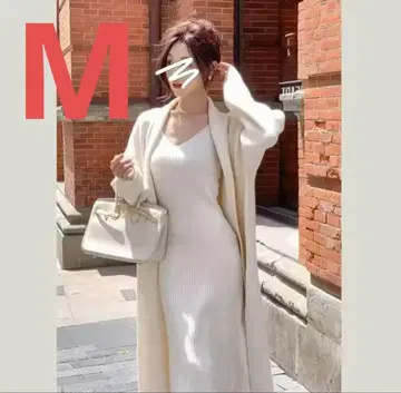 여성용 M 화이트 원피스 가디건 세트 롱 기장 긴팔