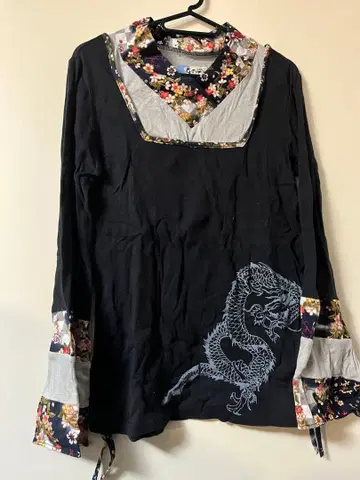 gouk 드래곤 자수 꽃무늬 옷깃 긴팔 상의