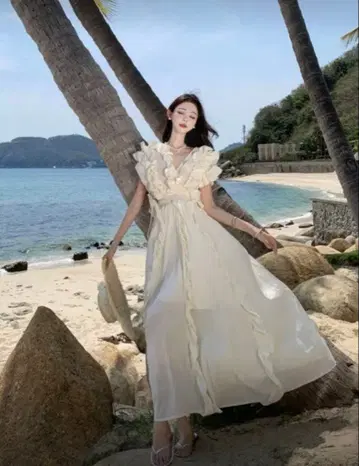 프릴 헴 V넥 롱 드레스