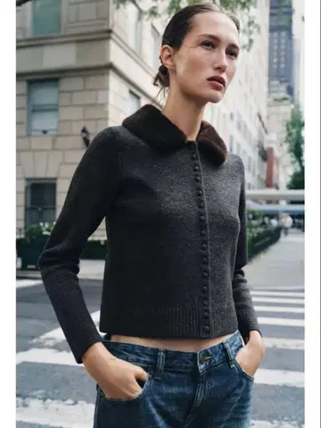 ZARA 인조 모피 라펠 니트 자켓 카본 그레이 그레이 니트