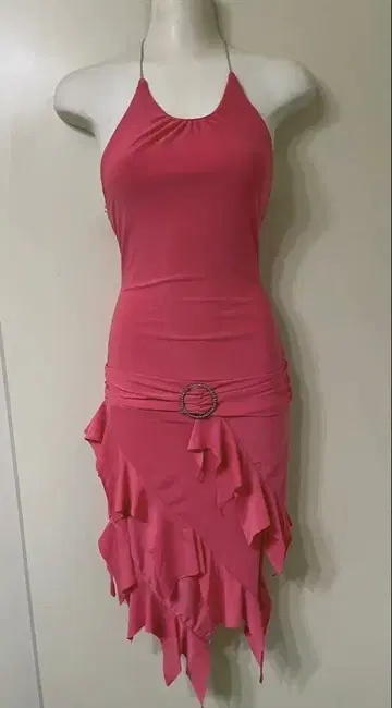 핑크 프릴 하루타 넥 드레스