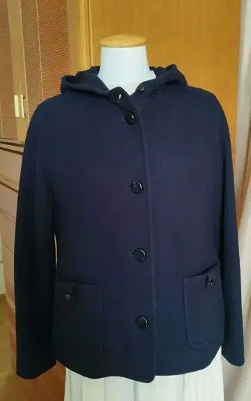 키이스 후드 부착 멜톤 네이비 코트