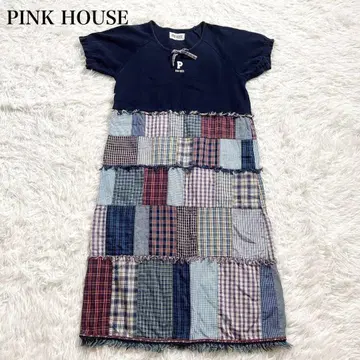 핑크하우스 패치워크 원피스 체크 T셔츠 개더 리본