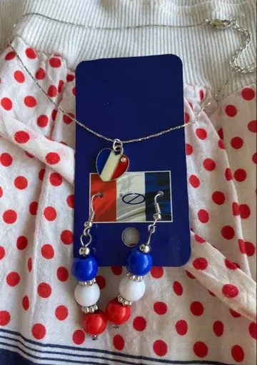 독일제 마감 좋은 프랑스 국기 디자인 하트형 목걸이와 귀걸이 세트 새상품