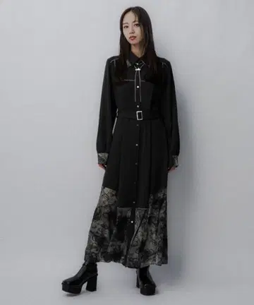 블랙 긴팔 원피스 벨트 포함 모듬 절개 더블 칼라 원피스