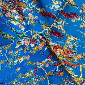 워셔블 기모노 파랑 바탕 꽃과 새 패턴 코몬 오비 끈 포함